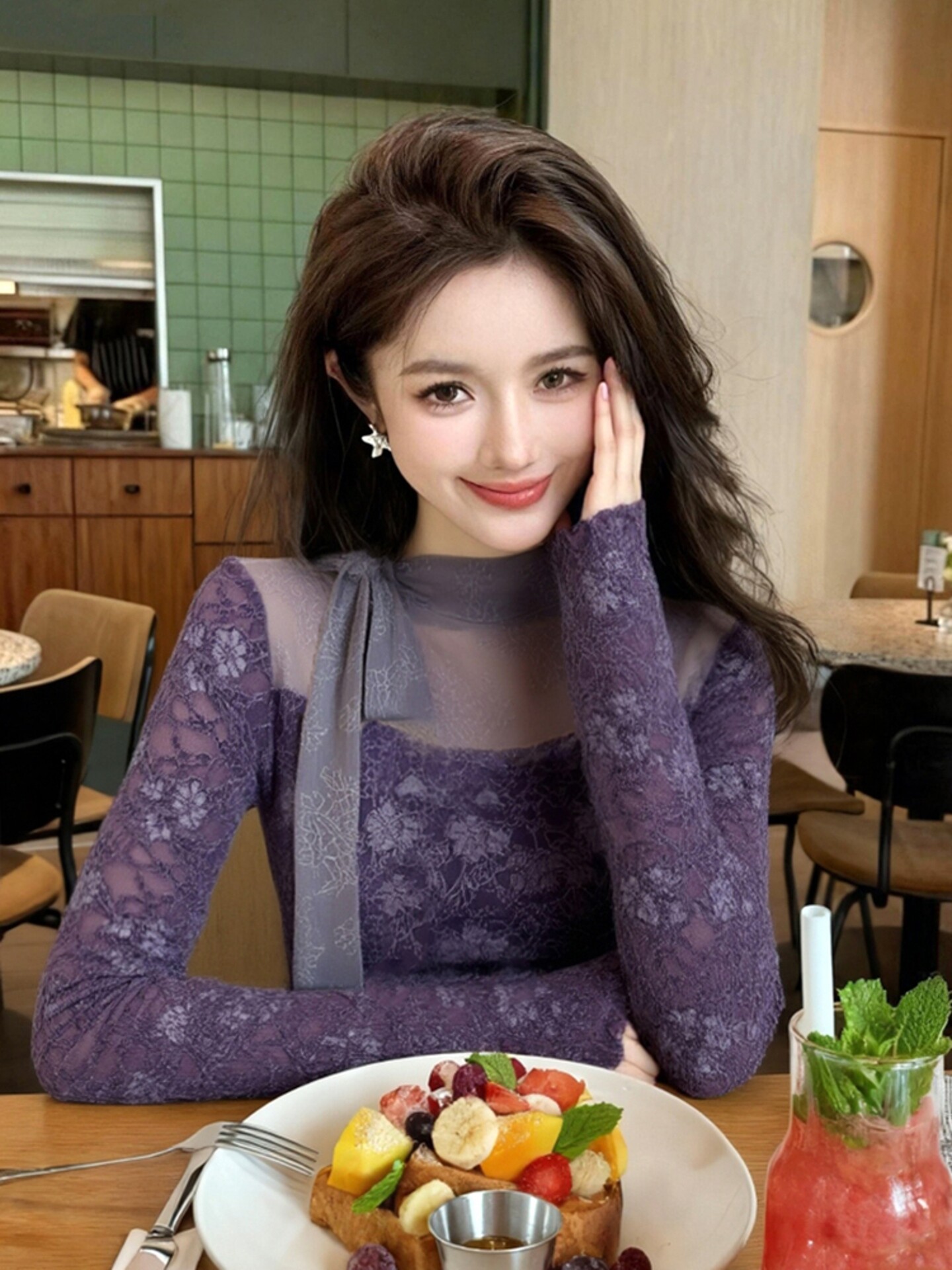 Women Purple GothicT-shirt Har - đánh giá và giá Turtleneck Knit 90S