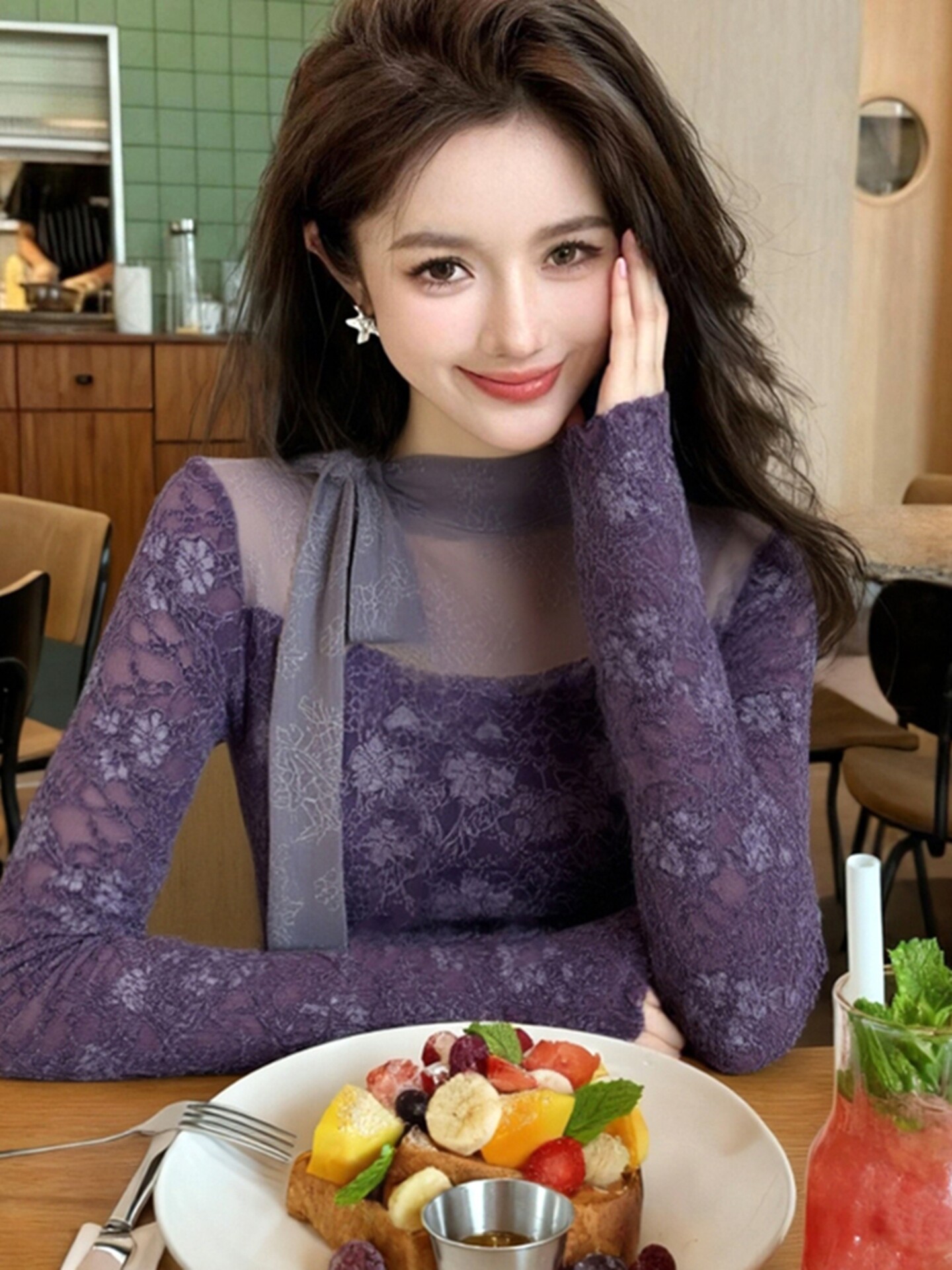 Women Purple GothicT-shirt Har - đánh giá và giá Turtleneck Knit 90S