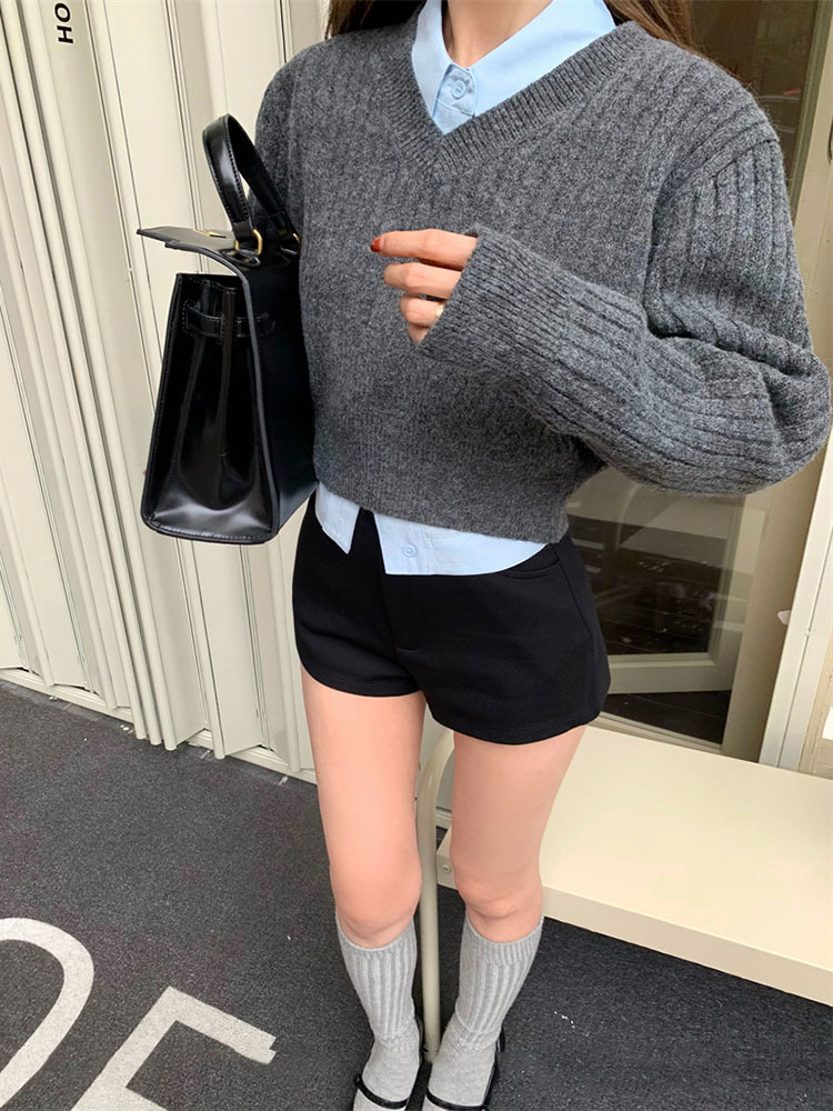 Basic Grey Cropped Sweater Wom - đánh giá và giá Vintage Fashion Style Female