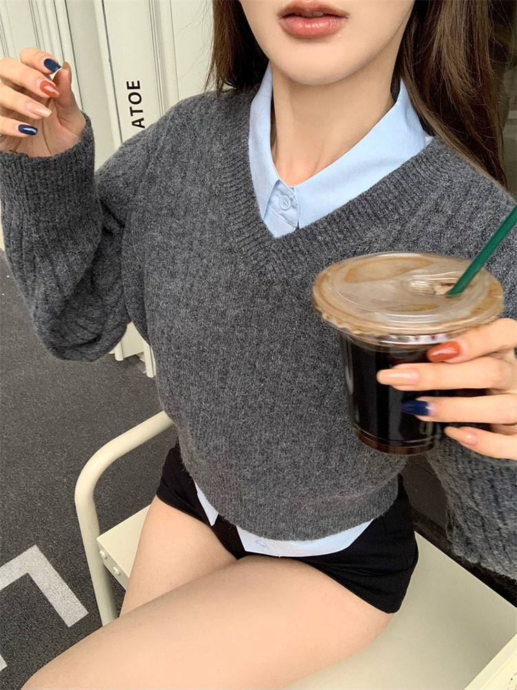 Basic Grey Cropped Sweater Wom - đánh giá và giá Vintage Fashion Style Female